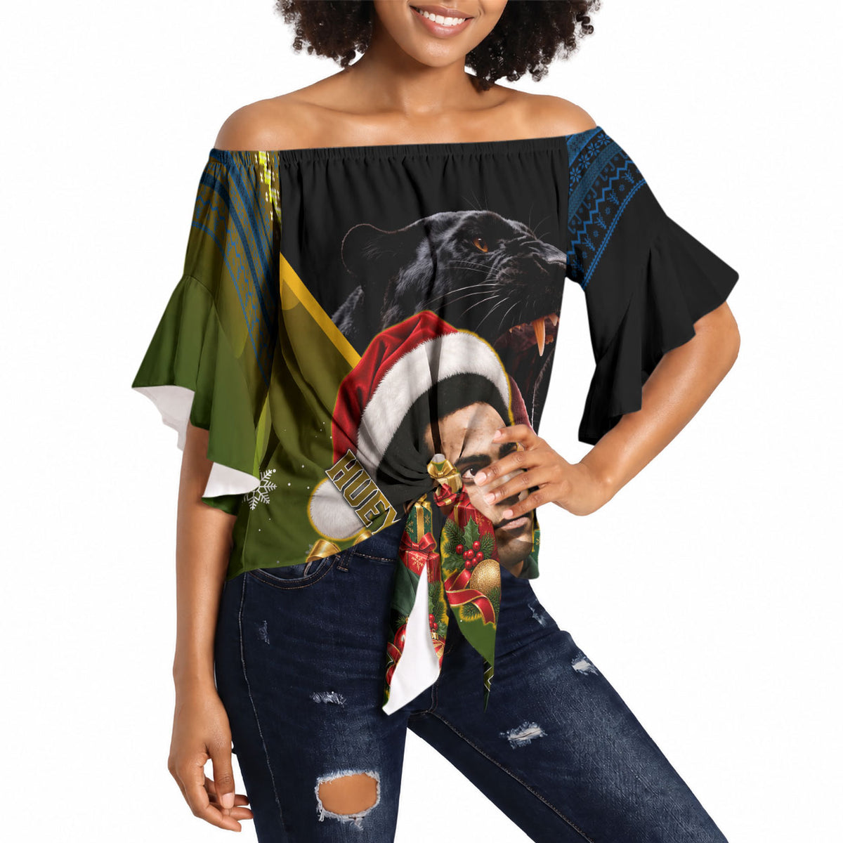Huey P. Newton Black Panther Christmas Off Shoulder Wrap Waist Top Black History Civil Rights Festive Holiday Art