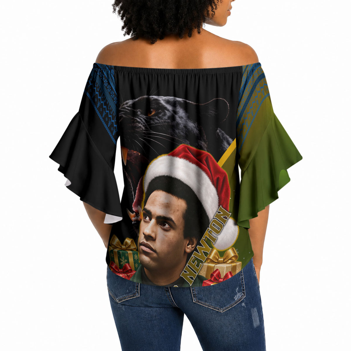 Huey P. Newton Black Panther Christmas Off Shoulder Wrap Waist Top Black History Civil Rights Festive Holiday Art
