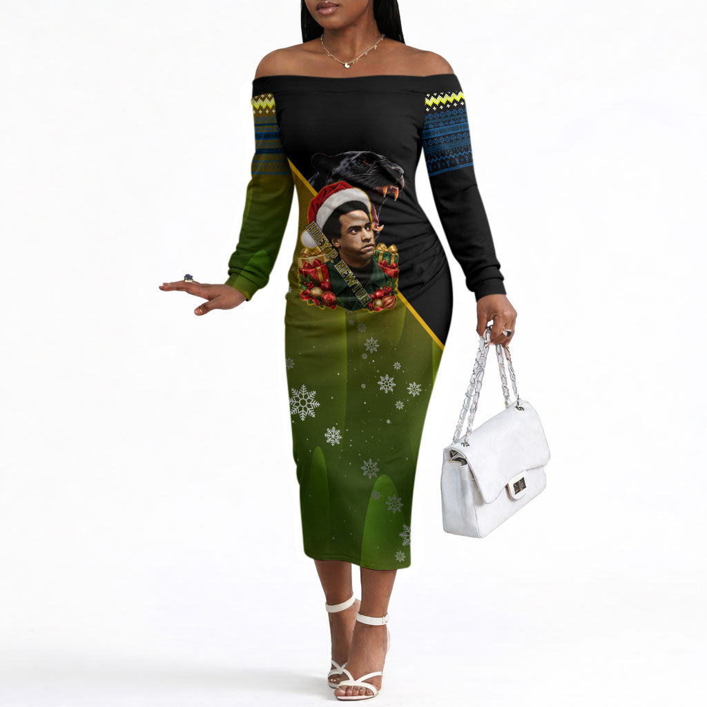 Huey P. Newton Black Panther Christmas Off The Shoulder Long Sleeve Dress Black History Civil Rights Festive Holiday Art