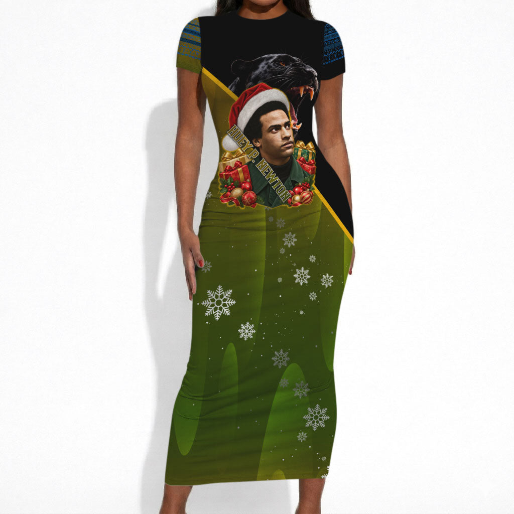 Huey P. Newton Black Panther Christmas Short Sleeve Bodycon Dress Black History Civil Rights Festive Holiday Art