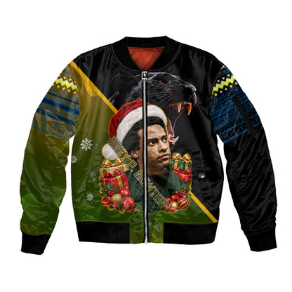 Huey P. Newton Black Panther Christmas Sleeve Zip Bomber Jacket Black History Civil Rights Festive Holiday Art