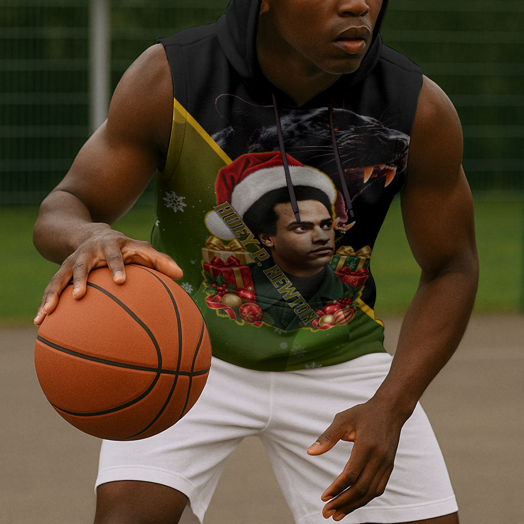 Huey P. Newton Black Panther Christmas Sleeveless Hoodie Black History Civil Rights Festive Holiday Art