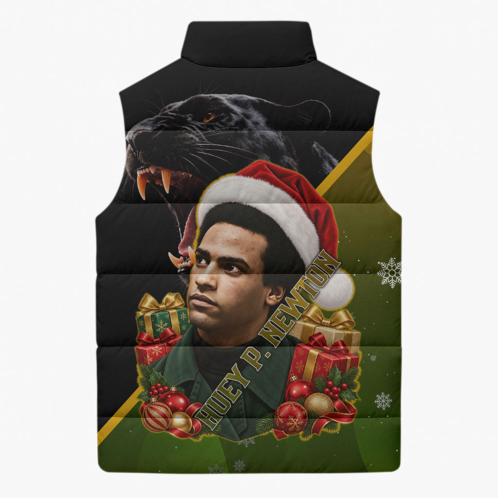 Huey P. Newton Black Panther Christmas Sleeveless Puffer Jacket Black History Civil Rights Festive Holiday Art