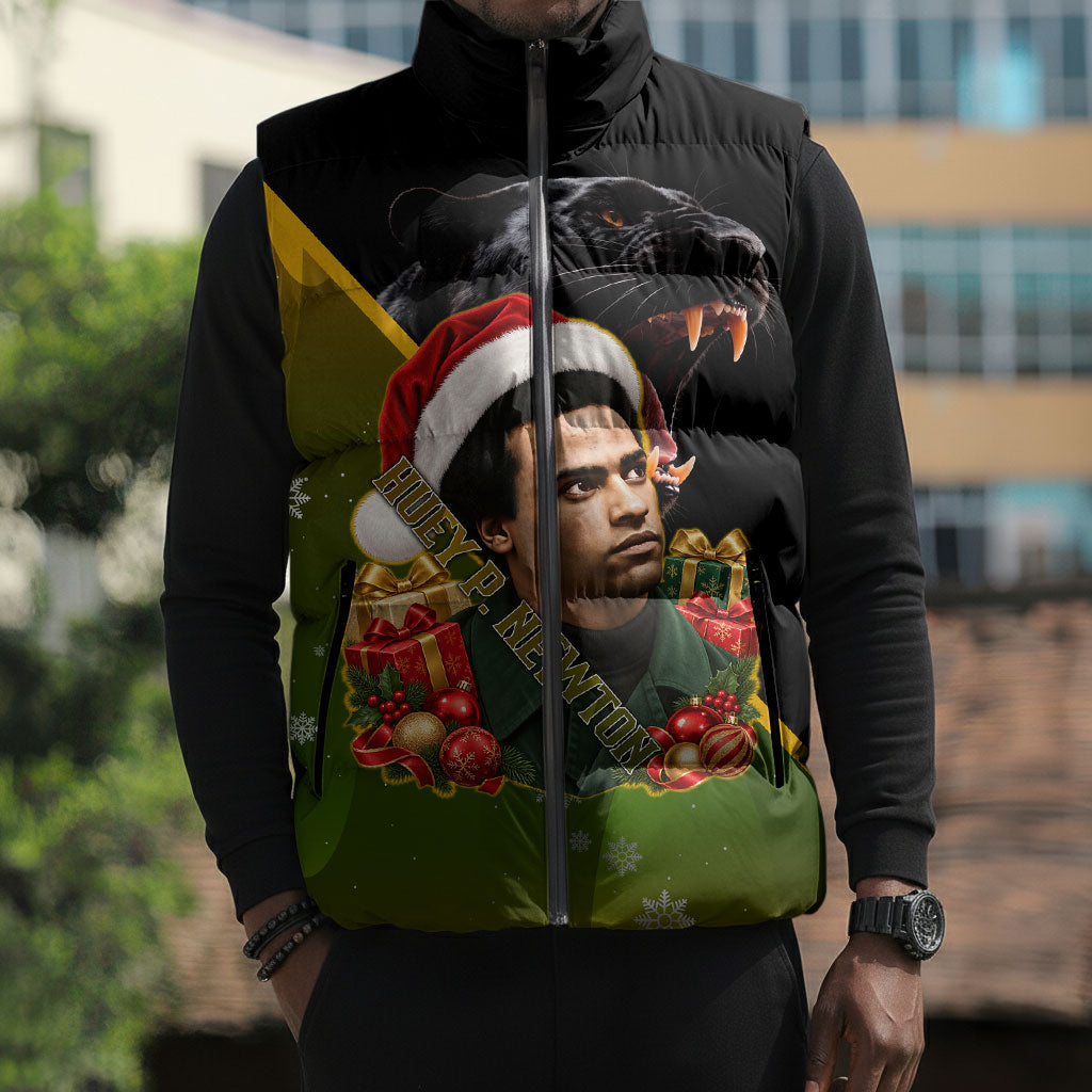 Huey P. Newton Black Panther Christmas Sleeveless Puffer Jacket Black History Civil Rights Festive Holiday Art