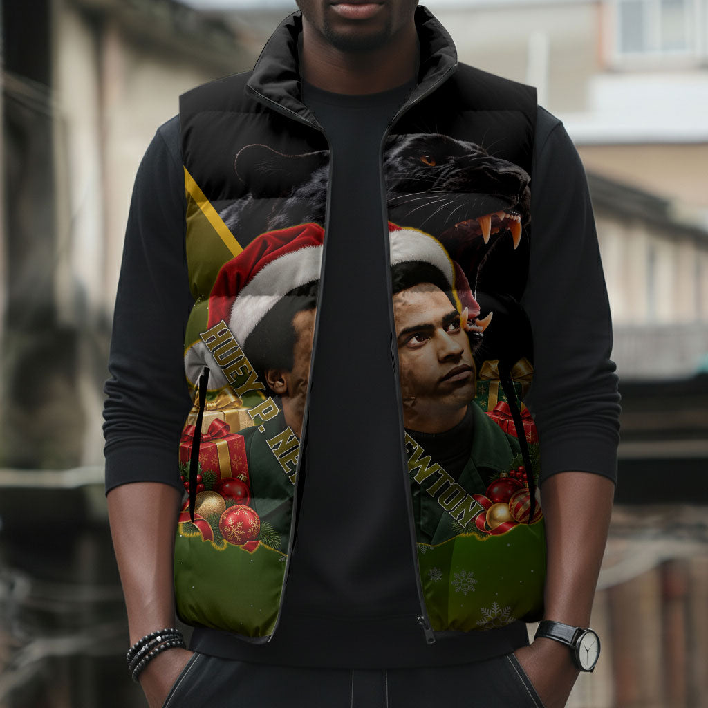 Huey P. Newton Black Panther Christmas Sleeveless Puffer Jacket Black History Civil Rights Festive Holiday Art