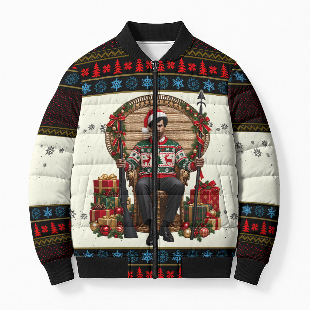 Huey P. Newton Black Panther Christmas Bomber Puffer Jacket Black History Iconic Leader Ugly Holiday