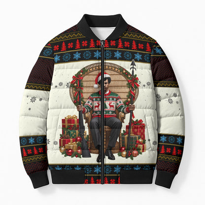 Huey P. Newton Black Panther Christmas Bomber Puffer Jacket Black History Iconic Leader Ugly Holiday
