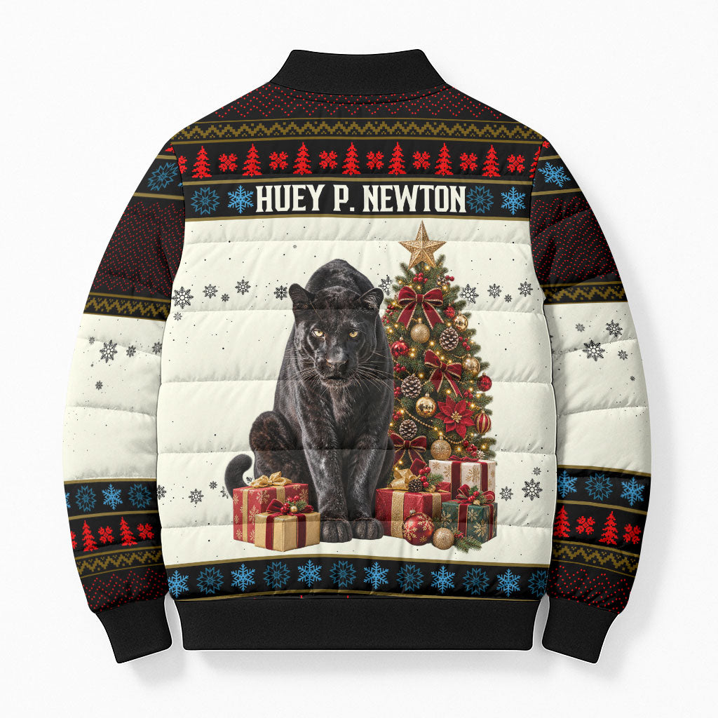 Huey P. Newton Black Panther Christmas Bomber Puffer Jacket Black History Iconic Leader Ugly Holiday