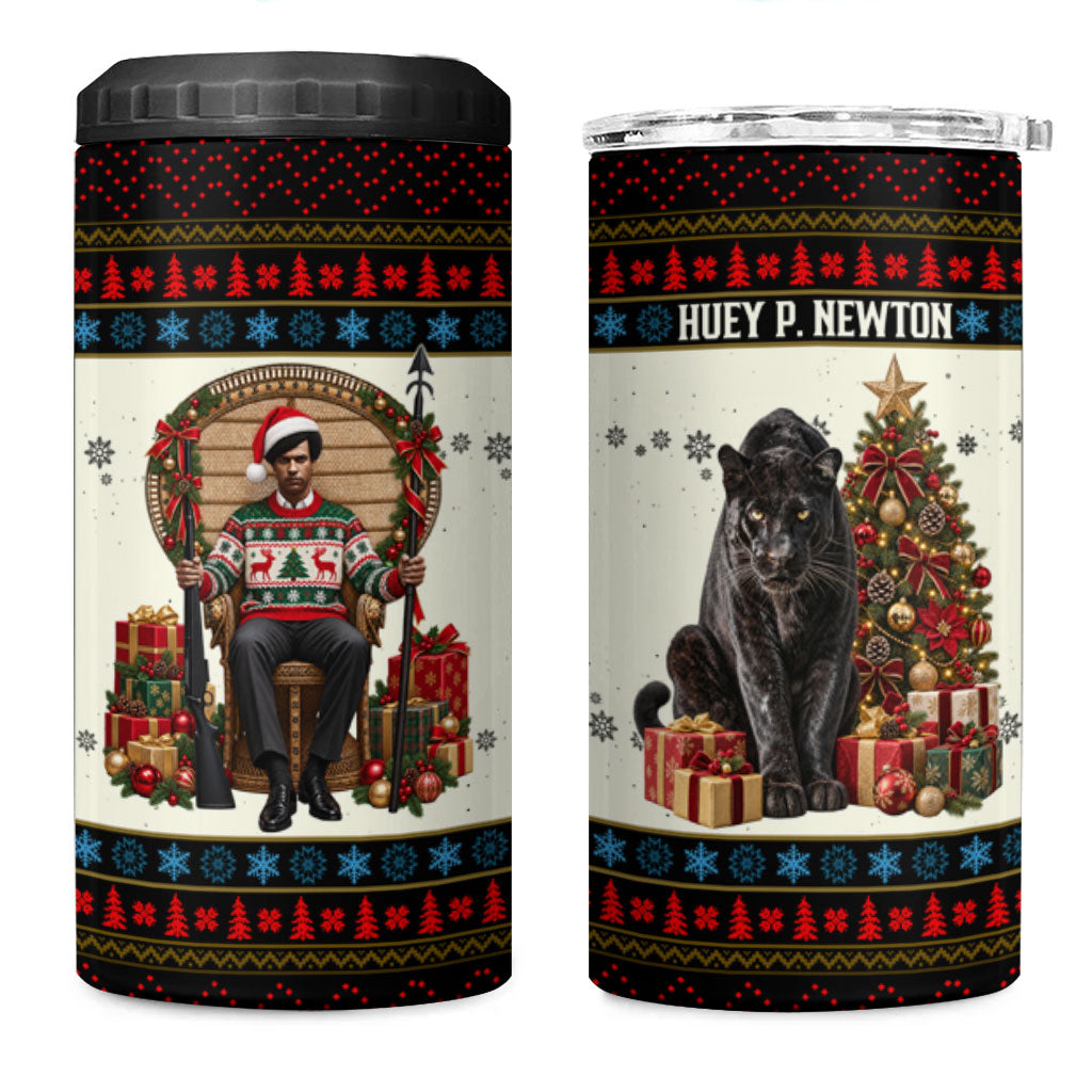 Huey P. Newton Black Panther Christmas 4 in 1 Can Cooler Tumbler Black History Iconic Leader Ugly Holiday