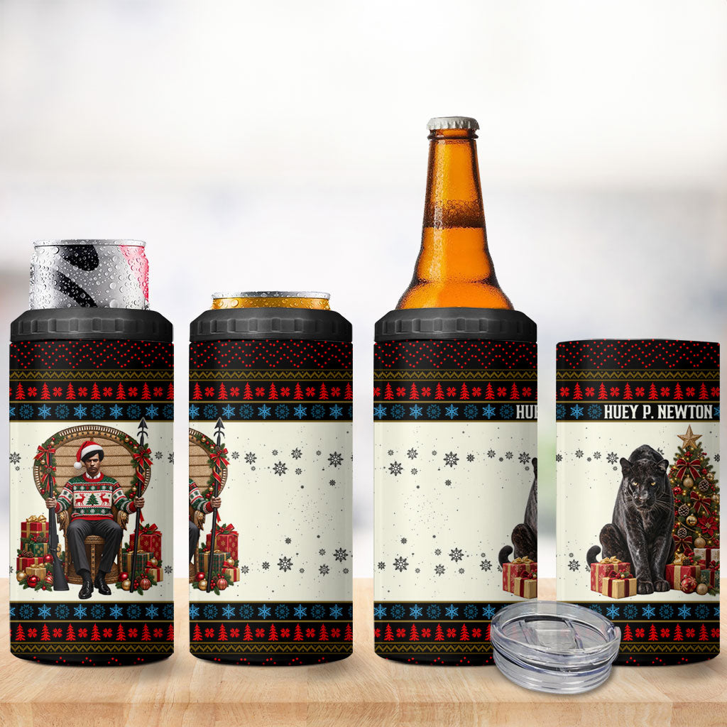 Huey P. Newton Black Panther Christmas 4 in 1 Can Cooler Tumbler Black History Iconic Leader Ugly Holiday
