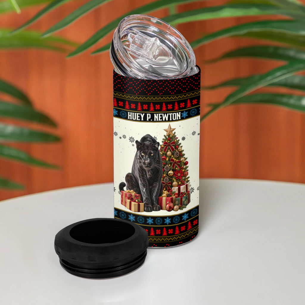 Huey P. Newton Black Panther Christmas 4 in 1 Can Cooler Tumbler Black History Iconic Leader Ugly Holiday