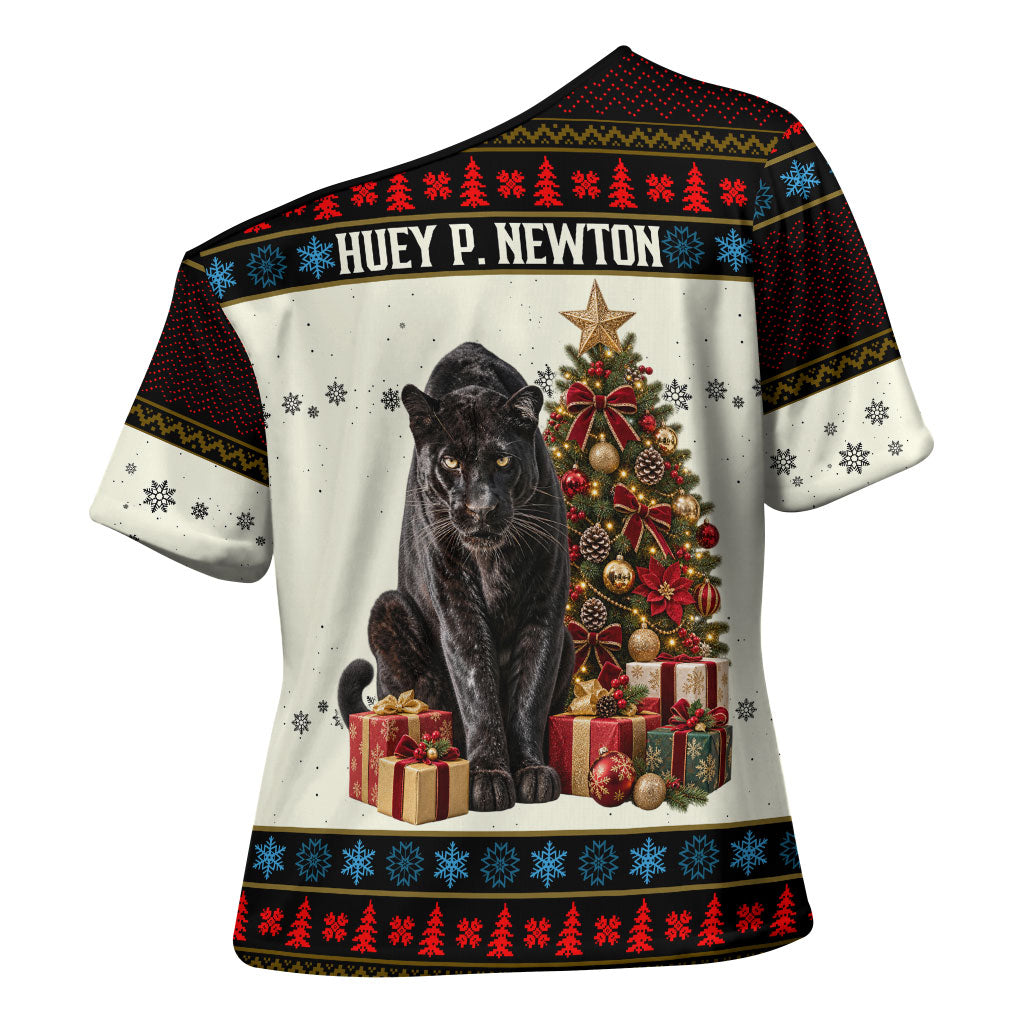Huey P. Newton Black Panther Christmas Cross Shoulder Shirt Black History Iconic Leader Ugly Holiday