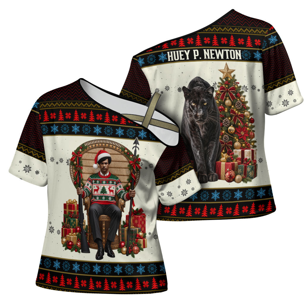 Huey P. Newton Black Panther Christmas Cross Shoulder Shirt Black History Iconic Leader Ugly Holiday