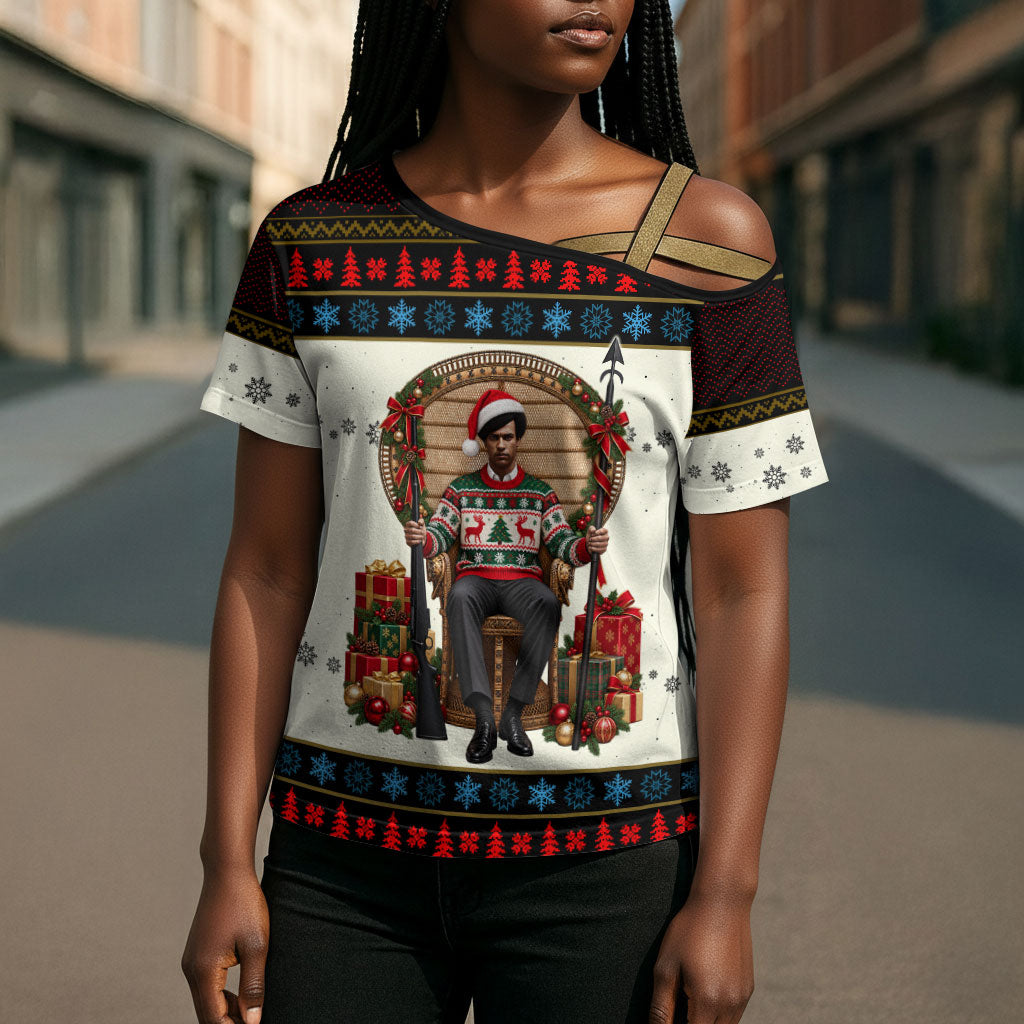 Huey P. Newton Black Panther Christmas Cross Shoulder Shirt Black History Iconic Leader Ugly Holiday