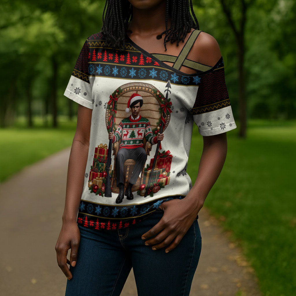 Huey P. Newton Black Panther Christmas Cross Shoulder Shirt Black History Iconic Leader Ugly Holiday