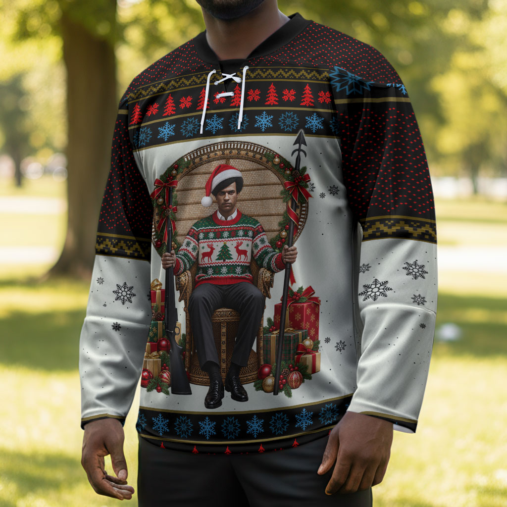 Huey P. Newton Black Panther Christmas Hockey Jersey Black History Iconic Leader Ugly Holiday