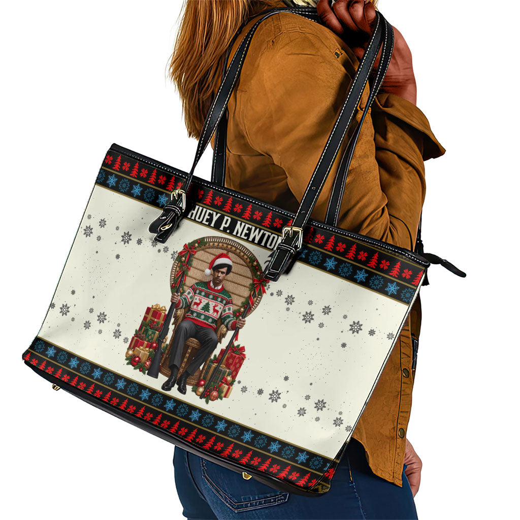 Huey P. Newton Black Panther Christmas Leather Tote Bag Black History Iconic Leader Ugly Holiday