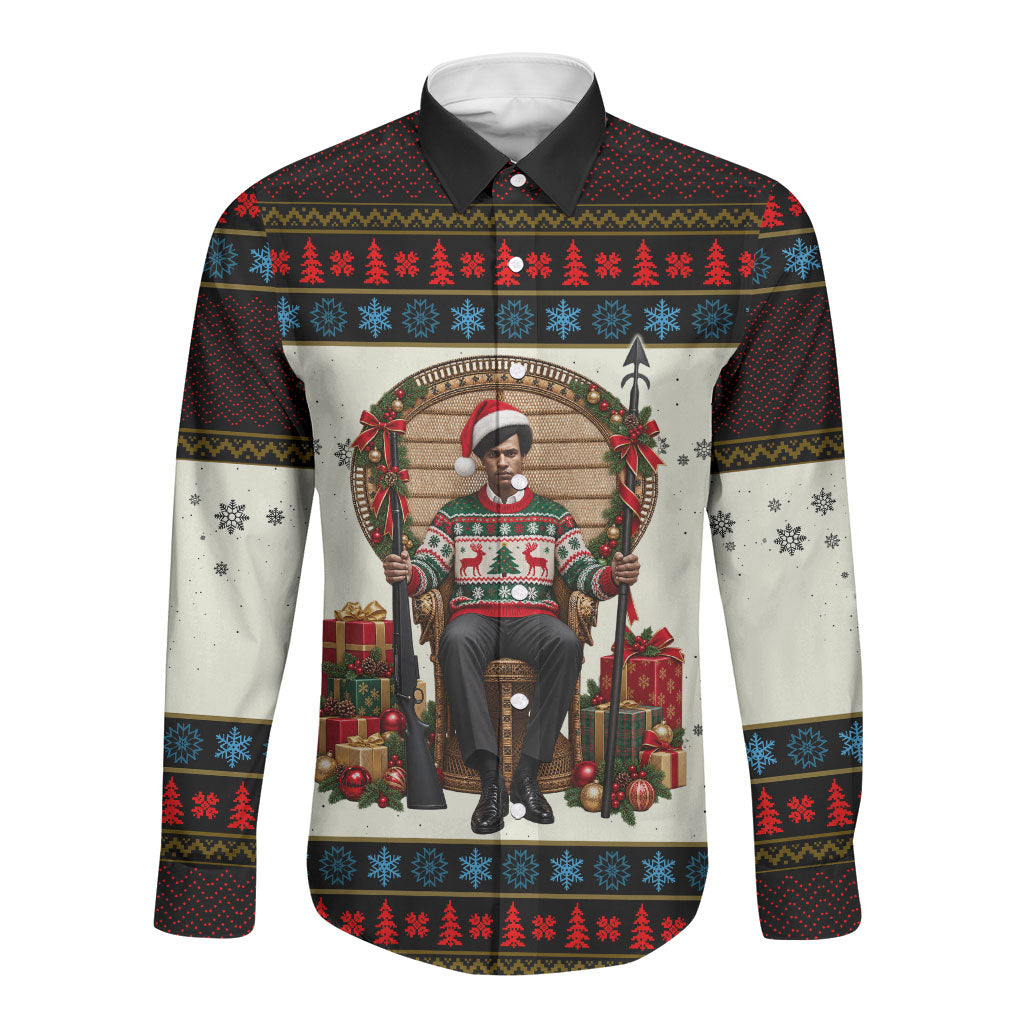 Huey P. Newton Black Panther Christmas Long Sleeve Button Shirt Black History Iconic Leader Ugly Holiday
