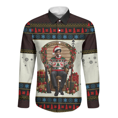 Huey P. Newton Black Panther Christmas Long Sleeve Button Shirt Black History Iconic Leader Ugly Holiday