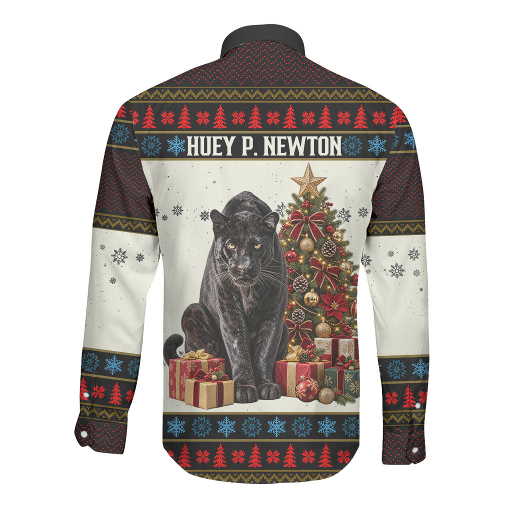 Huey P. Newton Black Panther Christmas Long Sleeve Button Shirt Black History Iconic Leader Ugly Holiday