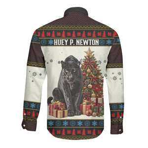 Huey P. Newton Black Panther Christmas Long Sleeve Button Shirt Black History Iconic Leader Ugly Holiday