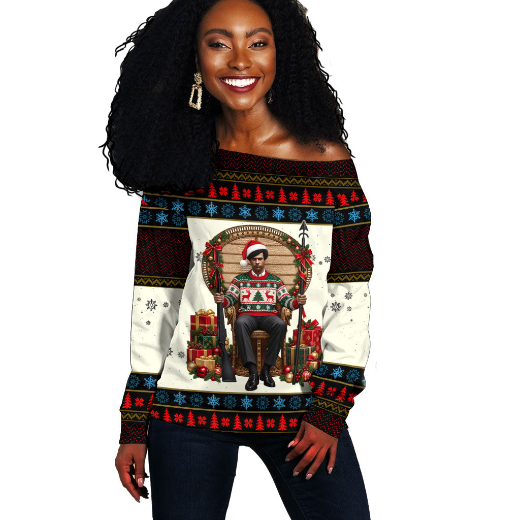 Huey P. Newton Black Panther Christmas Off Shoulder Sweater Black History Iconic Leader Ugly Holiday
