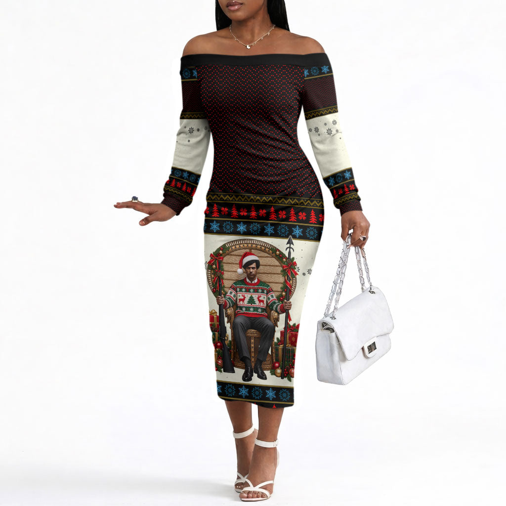 Huey P. Newton Black Panther Christmas Off The Shoulder Long Sleeve Dress Black History Iconic Leader Ugly Holiday