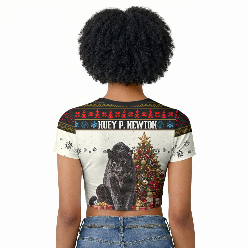 Huey P. Newton Black Panther Christmas Raglan Cropped T shirt Black History Iconic Leader Ugly Holiday