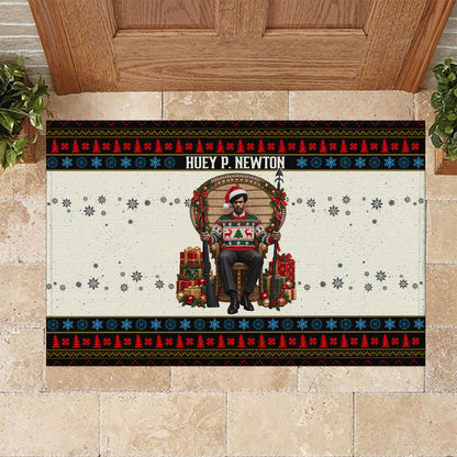 Huey P. Newton Black Panther Christmas Rubber Doormat Black History Iconic Leader Ugly Holiday