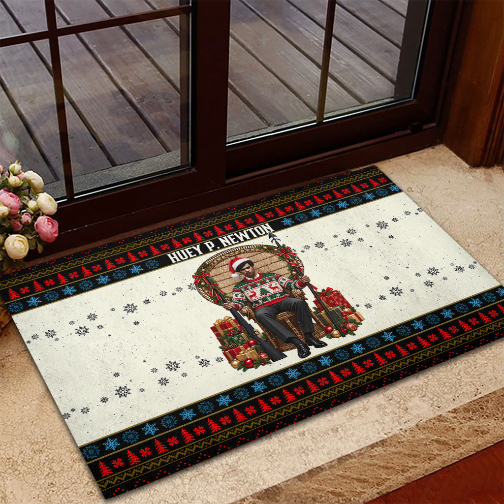 Huey P. Newton Black Panther Christmas Rubber Doormat Black History Iconic Leader Ugly Holiday