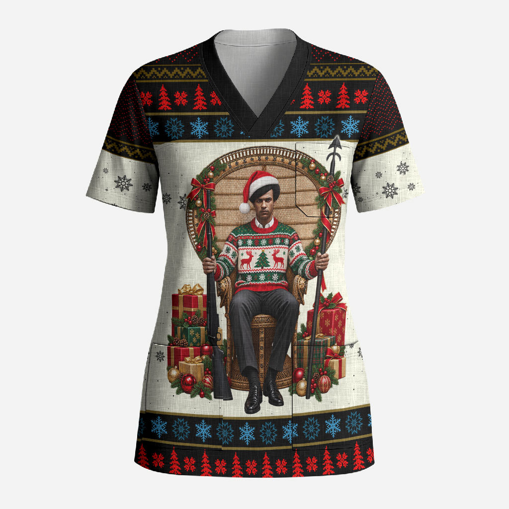 Huey P. Newton Black Panther Christmas Scrub Top Black History Iconic Leader Ugly Holiday