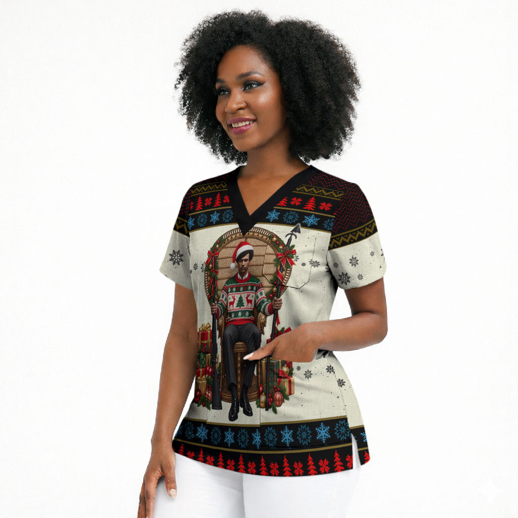 Huey P. Newton Black Panther Christmas Scrub Top Black History Iconic Leader Ugly Holiday