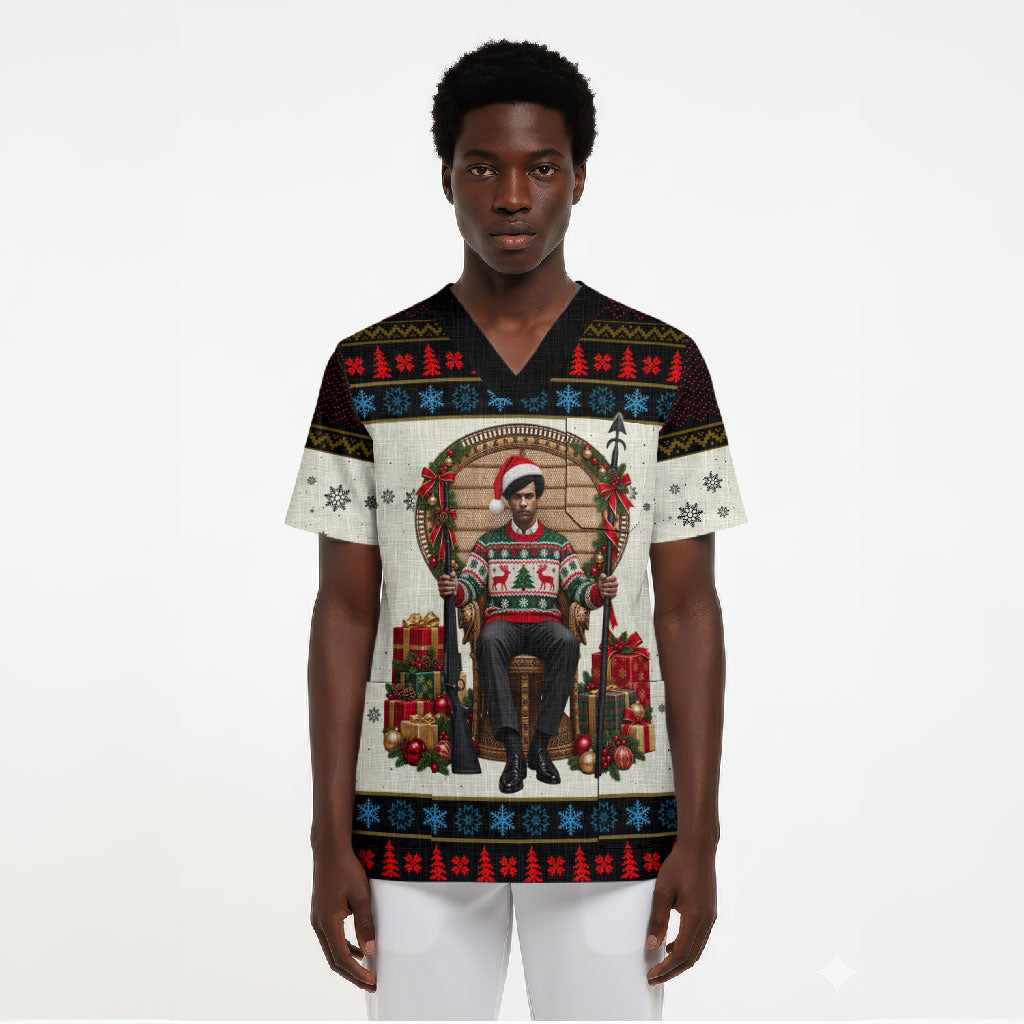 Huey P. Newton Black Panther Christmas Scrub Top Black History Iconic Leader Ugly Holiday