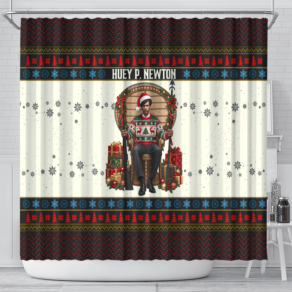 Huey P. Newton Black Panther Christmas Shower Curtain Black History Iconic Leader Ugly Holiday