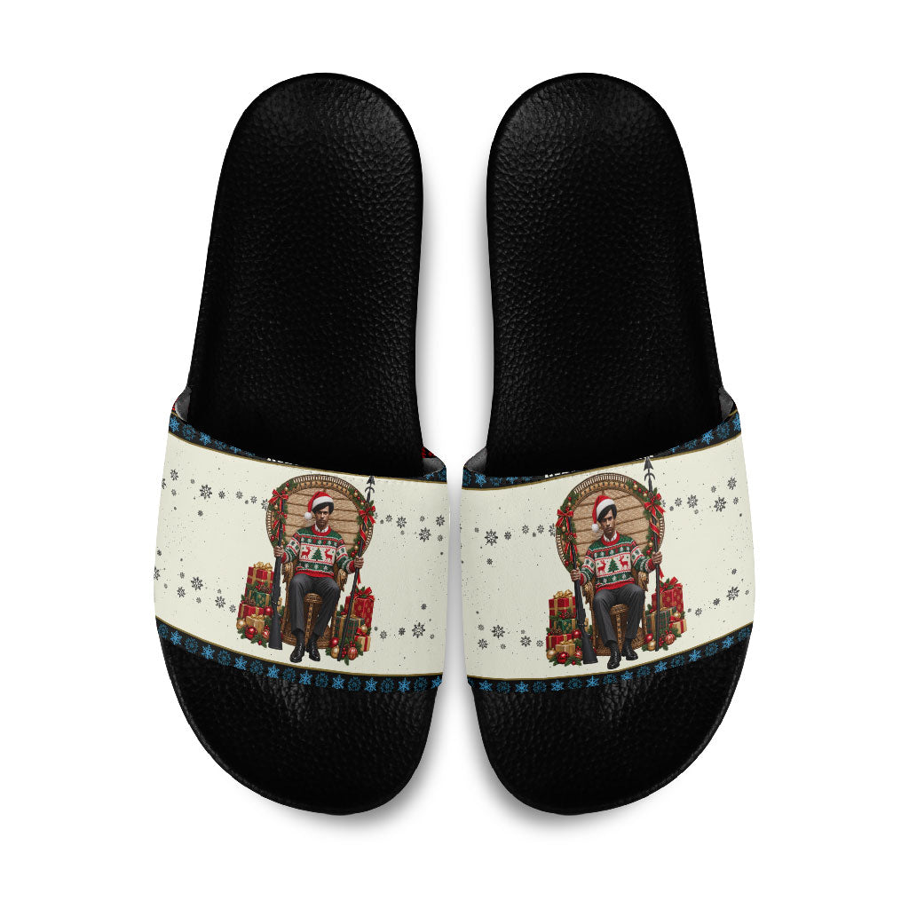 Huey P. Newton Black Panther Christmas Slide Sandals Black History Iconic Leader Ugly Holiday