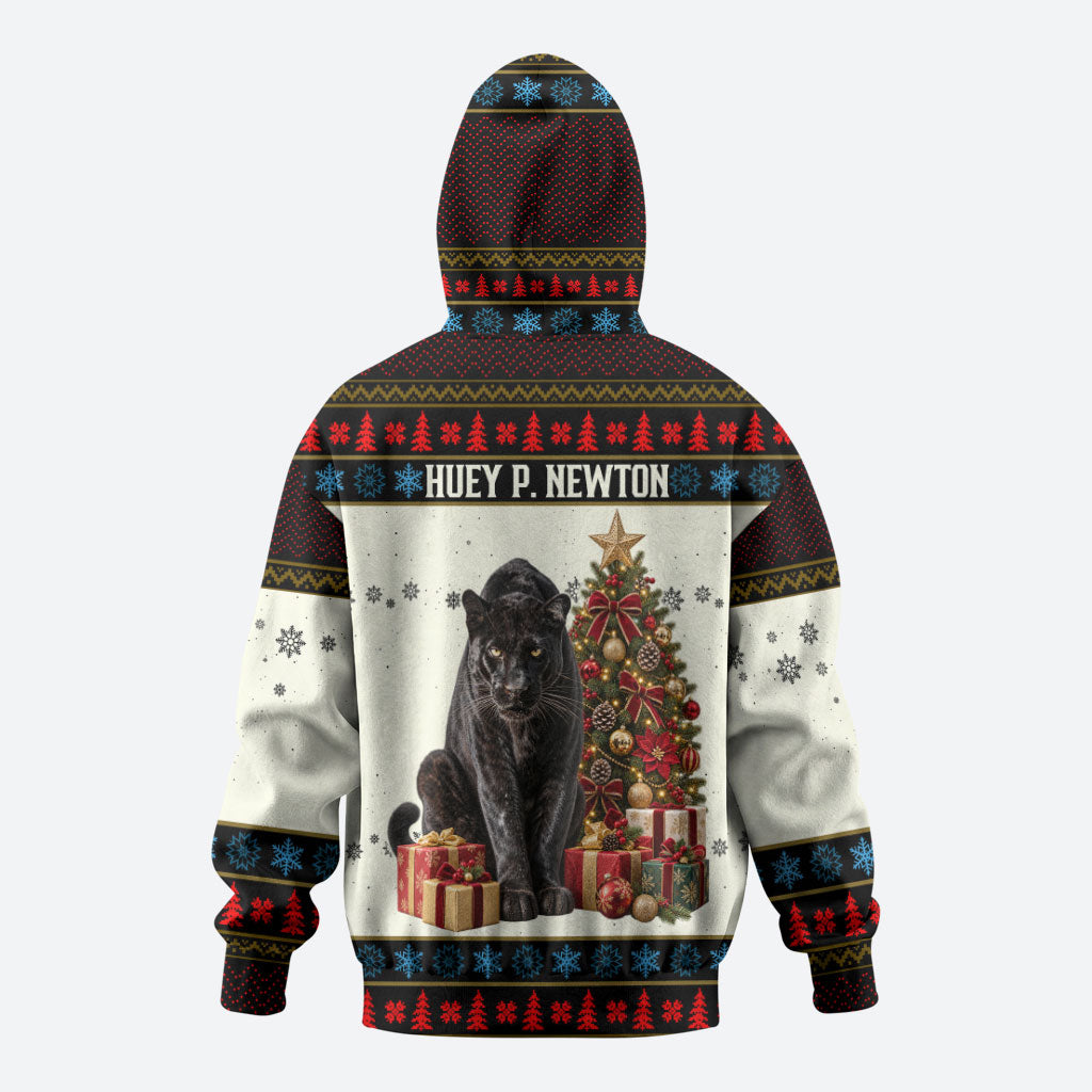 Huey P. Newton Black Panther Christmas Zip Hoodie Black History Iconic Leader Ugly Holiday