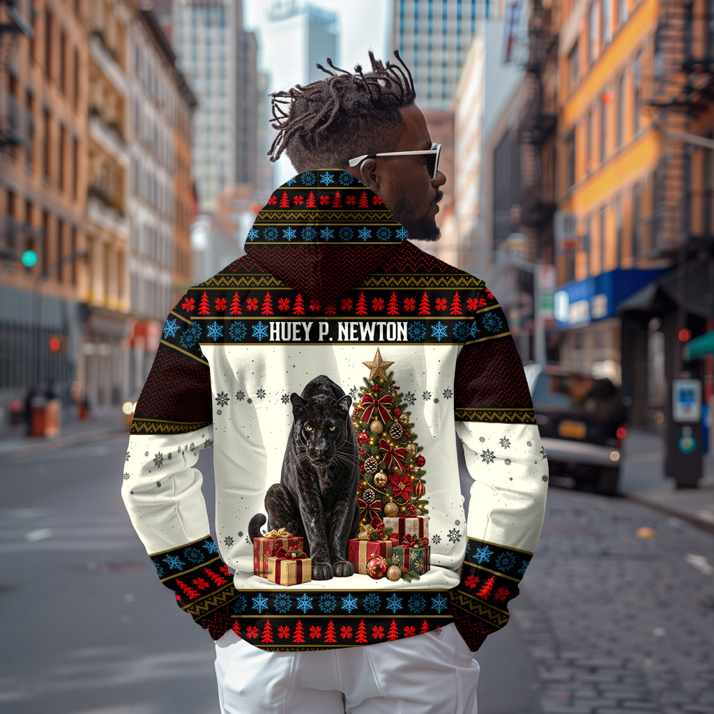 Huey P. Newton Black Panther Christmas Zip Hoodie Black History Iconic Leader Ugly Holiday