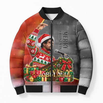 Bobby Seale Merry Christmas Bomber Puffer Jacket Civil Rights Activist Festive Winter Holiday Art