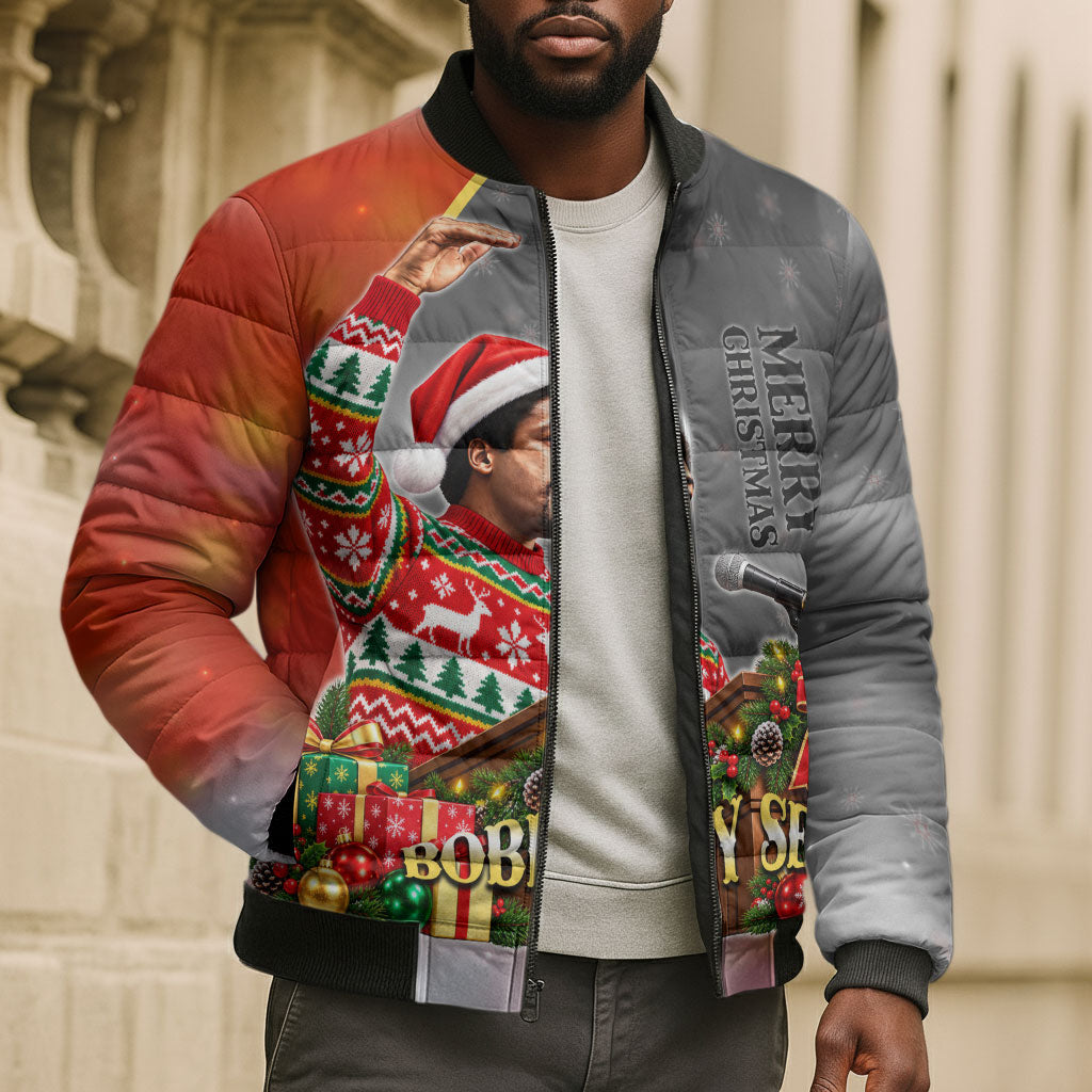 Bobby Seale Merry Christmas Bomber Puffer Jacket Civil Rights Activist Festive Winter Holiday Art
