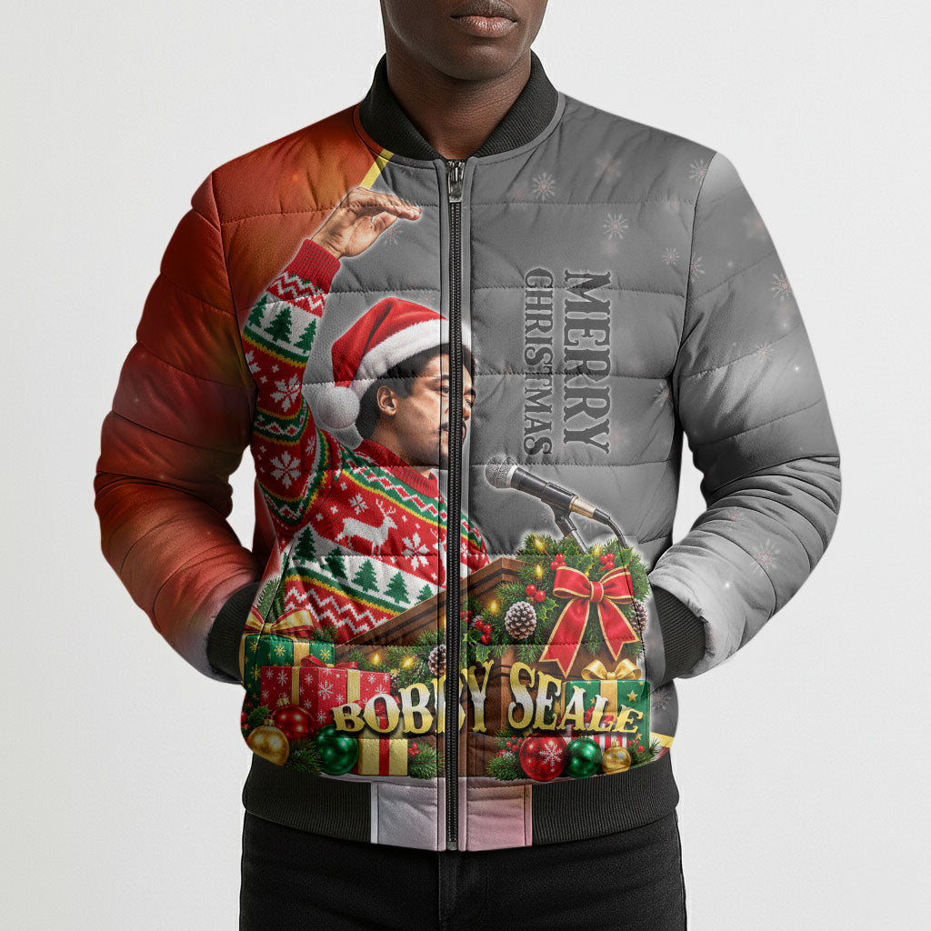 Bobby Seale Merry Christmas Bomber Puffer Jacket Civil Rights Activist Festive Winter Holiday Art