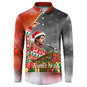 Bobby Seale Merry Christmas Button Sweatshirt Civil Rights Activist Festive Winter Holiday Art