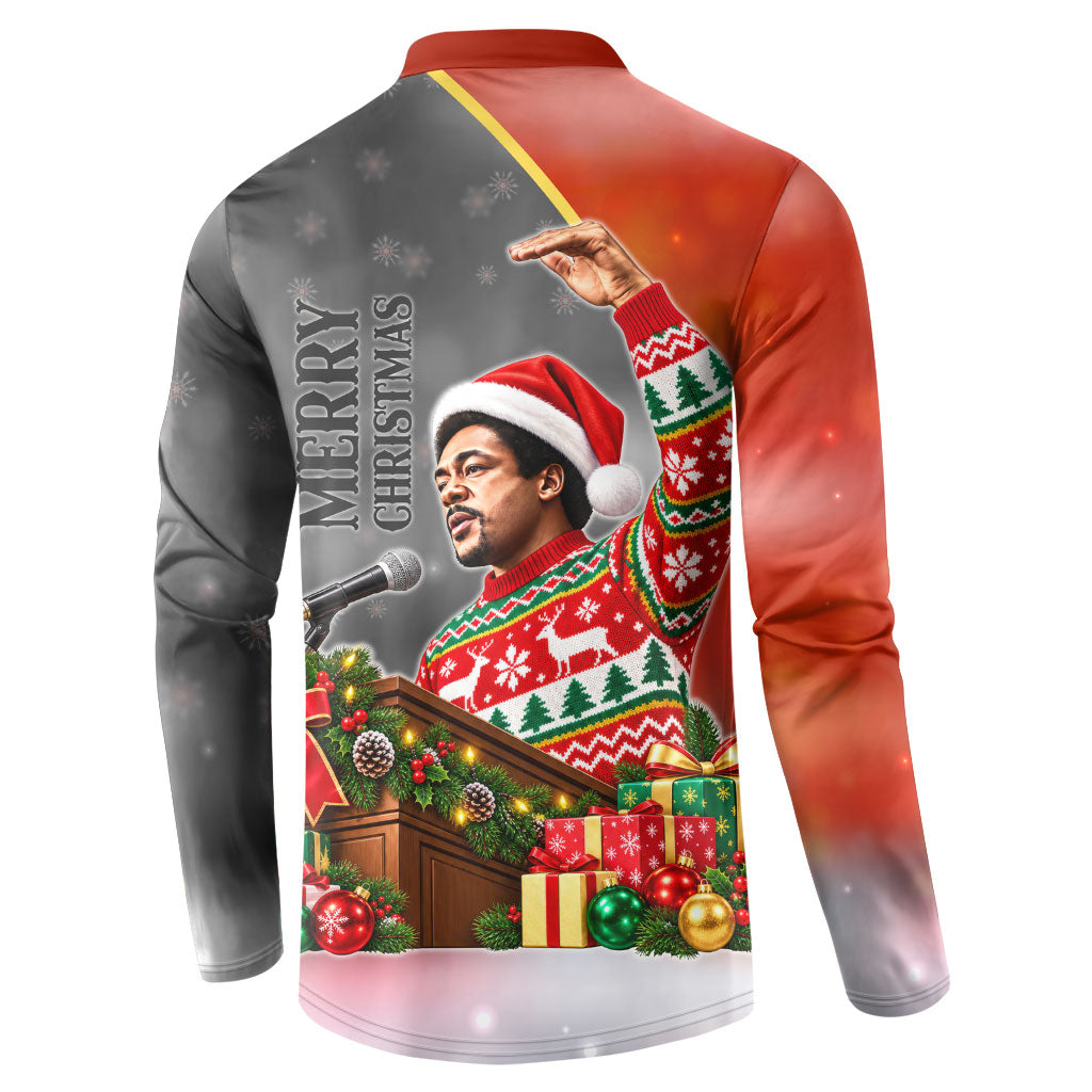 Bobby Seale Merry Christmas Button Sweatshirt Civil Rights Activist Festive Winter Holiday Art