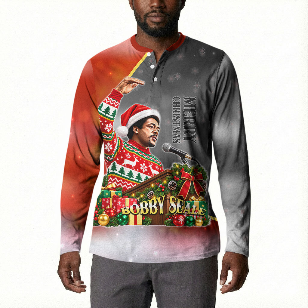 Bobby Seale Merry Christmas Button Sweatshirt Civil Rights Activist Festive Winter Holiday Art