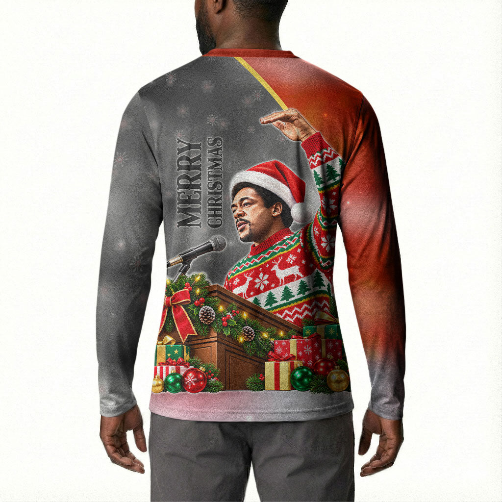 Bobby Seale Merry Christmas Button Sweatshirt Civil Rights Activist Festive Winter Holiday Art