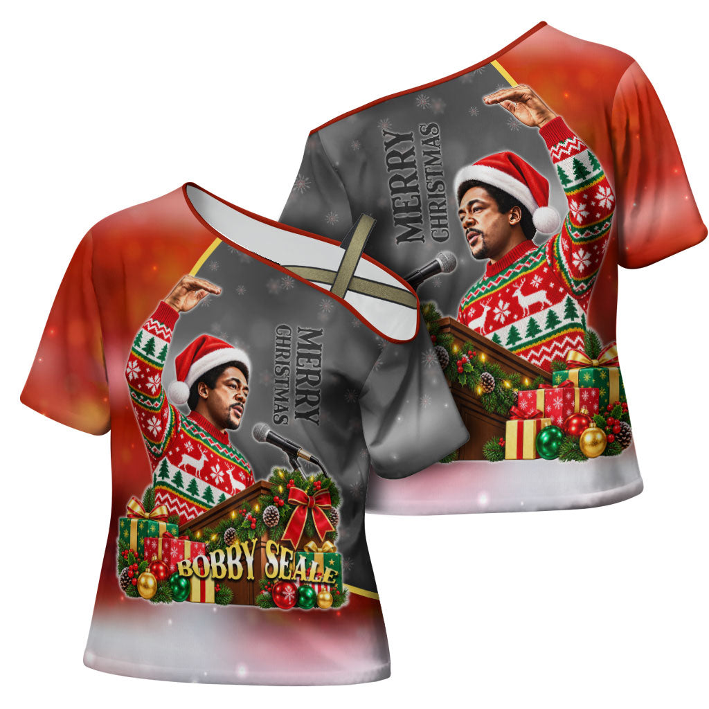 Bobby Seale Merry Christmas Cross Shoulder Shirt Civil Rights Activist Festive Winter Holiday Art