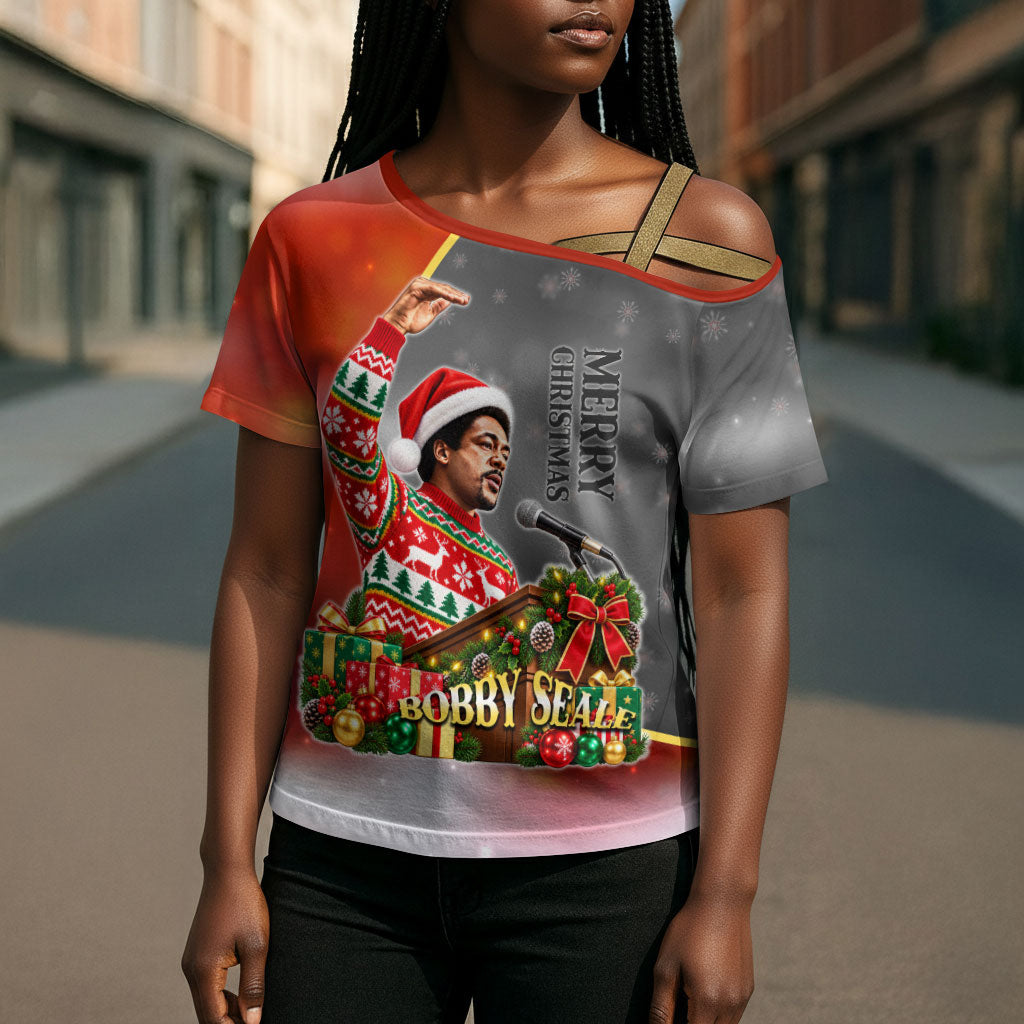 Bobby Seale Merry Christmas Cross Shoulder Shirt Civil Rights Activist Festive Winter Holiday Art
