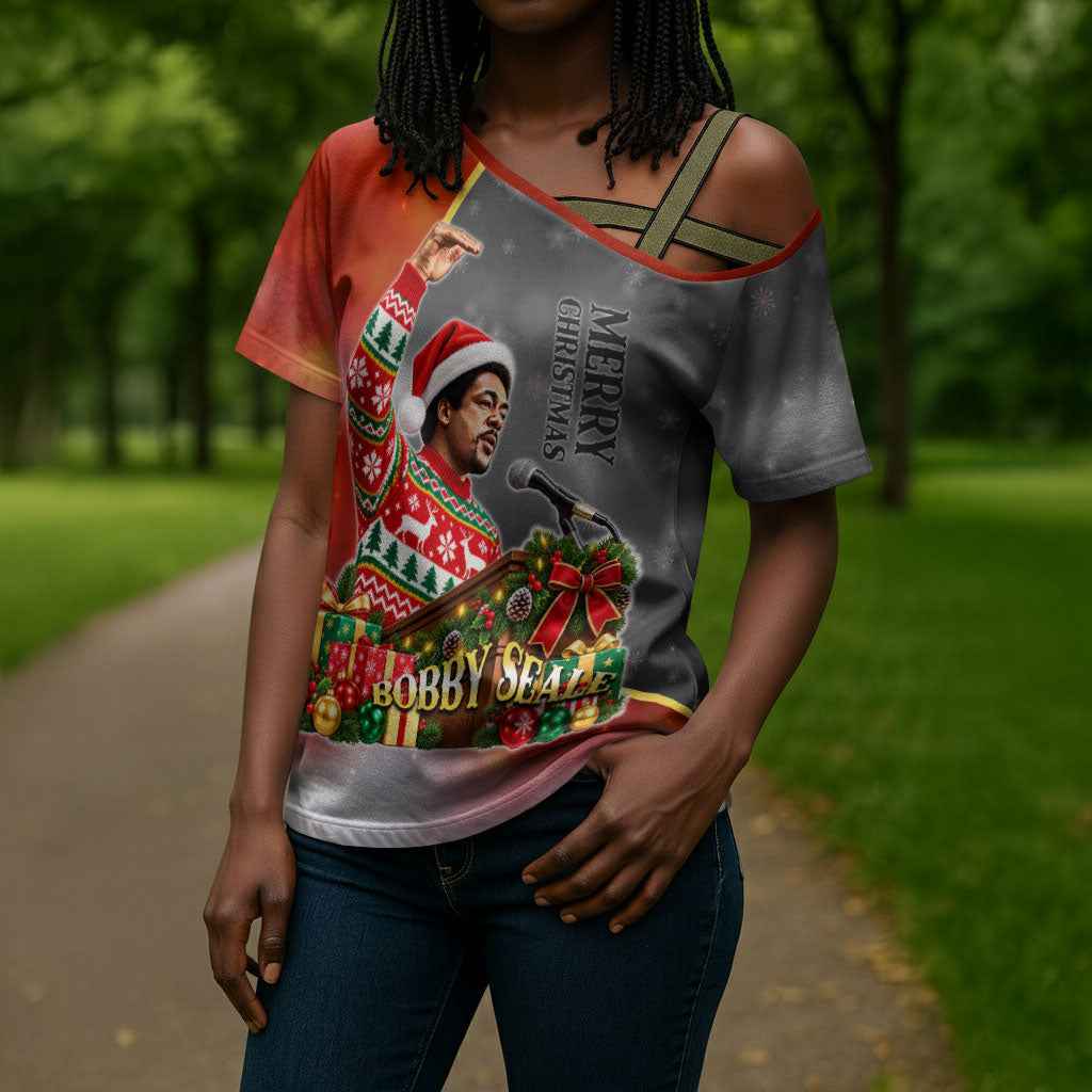 Bobby Seale Merry Christmas Cross Shoulder Shirt Civil Rights Activist Festive Winter Holiday Art