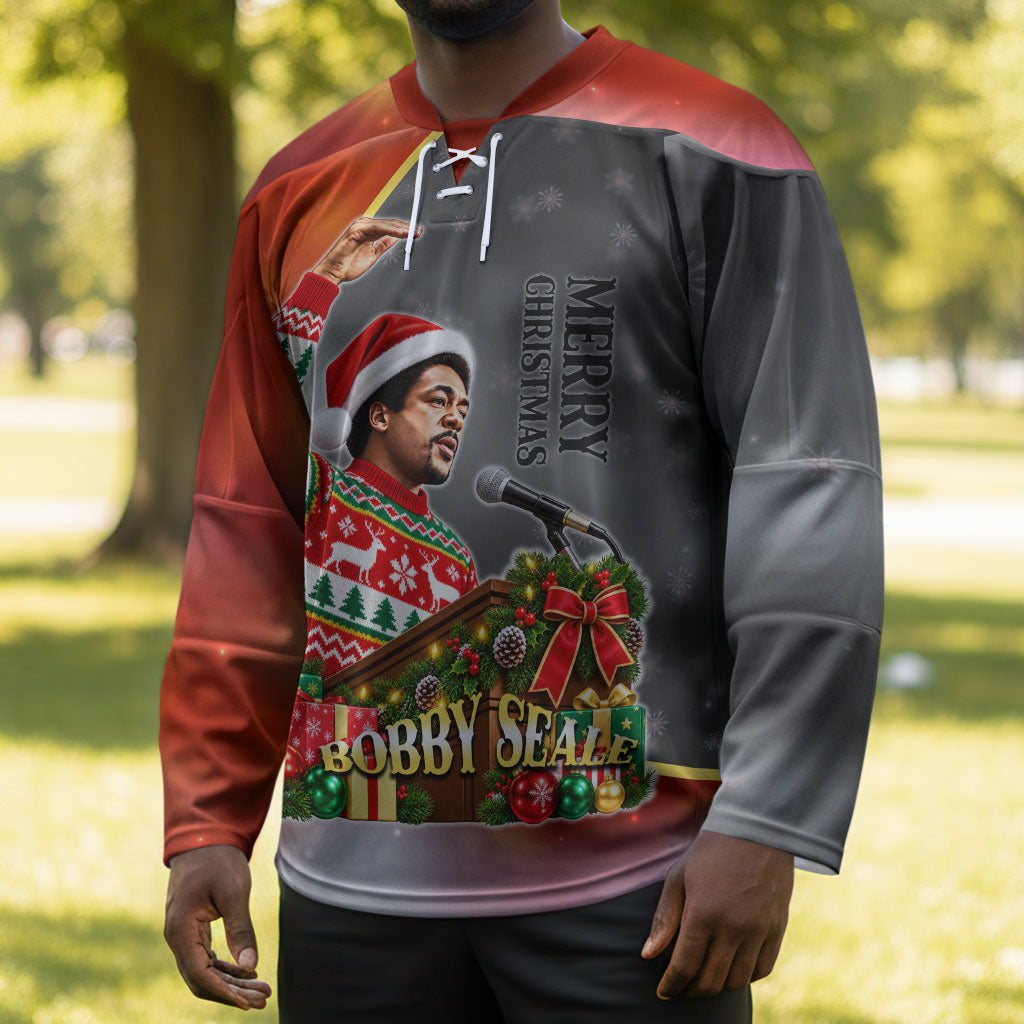Bobby Seale Merry Christmas Hockey Jersey Civil Rights Activist Festive Winter Holiday Art
