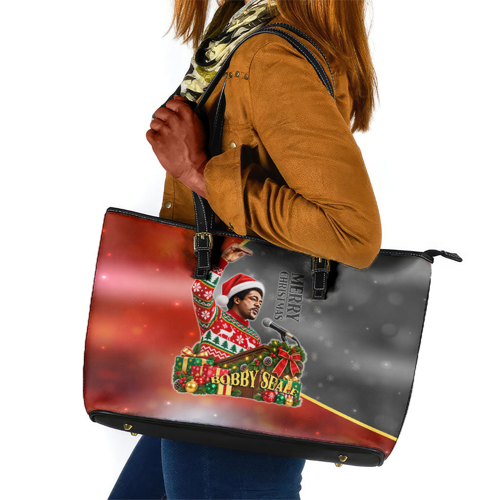 Bobby Seale Merry Christmas Leather Tote Bag Civil Rights Activist Festive Winter Holiday Art