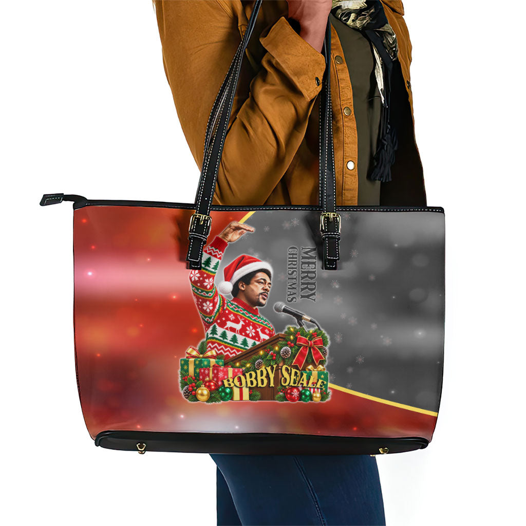 Bobby Seale Merry Christmas Leather Tote Bag Civil Rights Activist Festive Winter Holiday Art